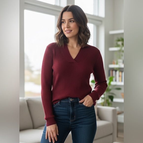 JEANNE PIERRE Sweaters - JEANNE PIERRE Deep Red V-Neck Sweater